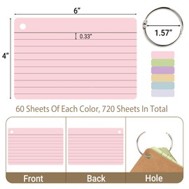 zmybcpack 12 Pack Lined Index Cards 4 x 6 Inches, 720 PCS Colored Ruled Index Flashcards Lined Flash Cards with Rings, Note Cards Punched for Study, Office and Home