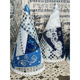 Handmade 3 VTG Fabric Patchwork Style Christmas Cone Trees Decorations, Blue Silver