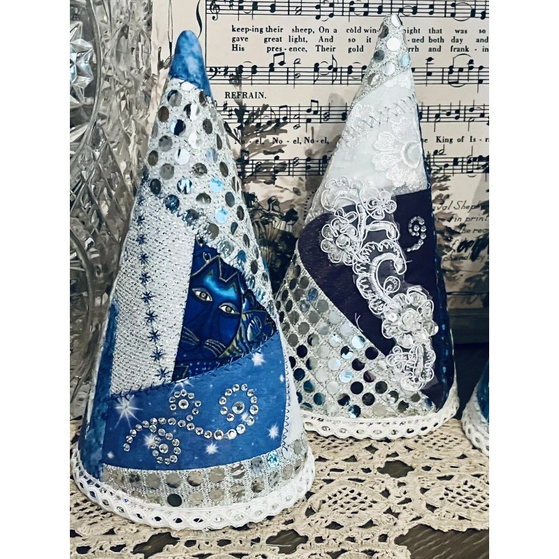 Handmade 3 VTG Fabric Patchwork Style Christmas Cone Trees Decorations,