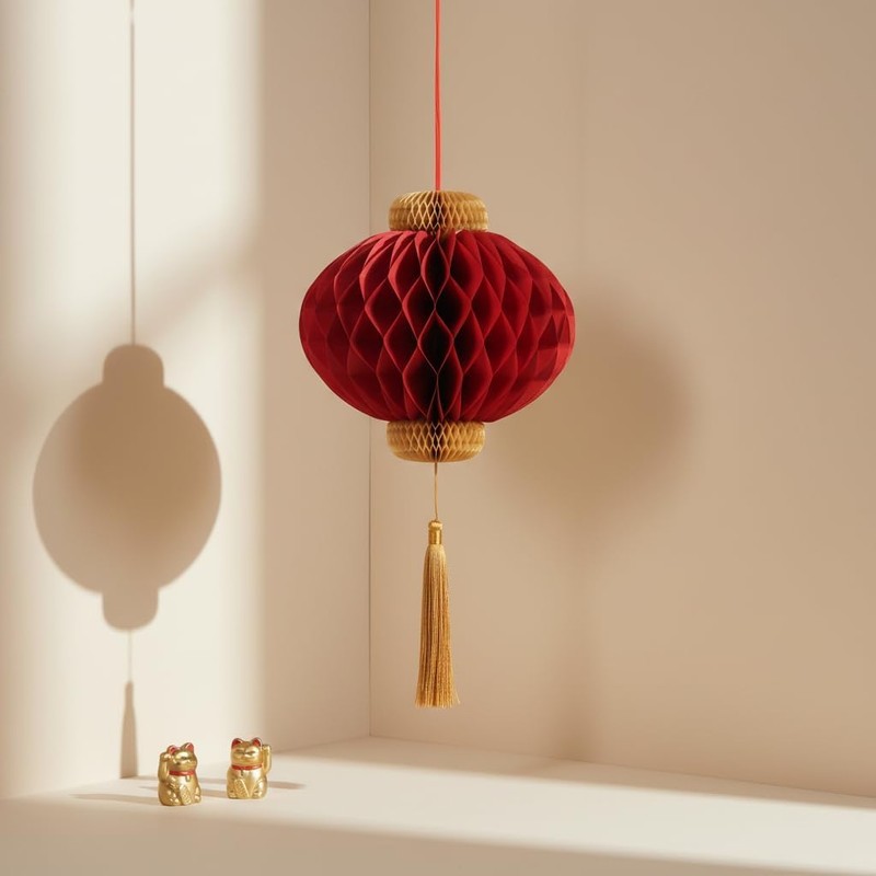 4 Piece Traditional Chinese Red Paper Honeycomb Lanterns with Gold