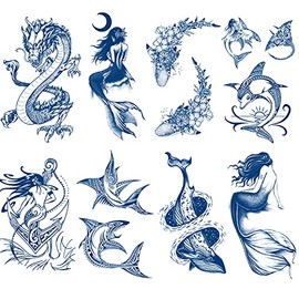 Semi Permanent Mermaid Tattoos, 8-Sheet 100% Plant-Based Ink Infinity Fake Shark Tattoo Stickers, 2 Weeks Long Last Waterproof Tattoos