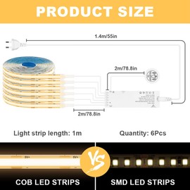 HOTUT COB LED Strip, Warm White, Pack of 6, 1 m USB COB LED Strip Set with Touch and Hand Sweep Dimmer Switches, LED Lighting for Cabinet, Showcase, Acoustic Panels