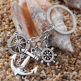Retro Alloy Compass Anchor Rudder Key Chain Ring for Dad Gift for Captain Sailors Father Day
