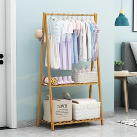 COOGOU Kids Clothing Rack for Hanging Clothes Portable Clothes Rack Wooden Drying Rack Clothing Standing Bamboo Garment Rack with Shelves Laundry Rack for Drying Clothes Indoor