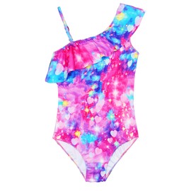 Snowheart Girls Swimsuit Adjustable Shoulder Strap UPF50+ One-Shoulder Ruffle Bathing Suit 3-12T