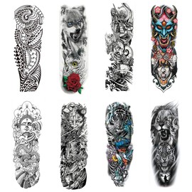Yesallwas Large Tattoo Stickers, Features, Set of 8, Japanese Pattern, Tattoo Stickers, Realistic Large, Waterproof, Long Lasting, Japanese Carved, Tattoo Seal, Body Seal, Full Arm Tattoo 6.7 x 18.9