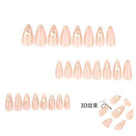 24Pcs Press on Nails Medium Stiletto Fake Nails Gold French Tip Glue on Nail Nude False Nails with Gold Design Glossy Full Cover Nails Press Ons DIY Stick on Nail for Women and Girls
