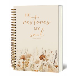 Bible Notebook, A5 Spiral Christian Journal, Bible Verse-He Restores My Soul, Inspirational Notebooks for Women, Bible Study, Gift for Birthday Christmas, Office Supplies (Light coffee color)