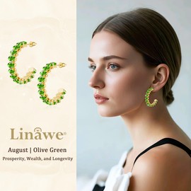 Linawe Chunky Gold Half Hoop Earrings for Women Trendy, Peridot Green Huggie Earrings, Birthstone Cubic Zirconia Crystal Imitation Diamond Gemstone Hoops Earrings Hypoallergenic