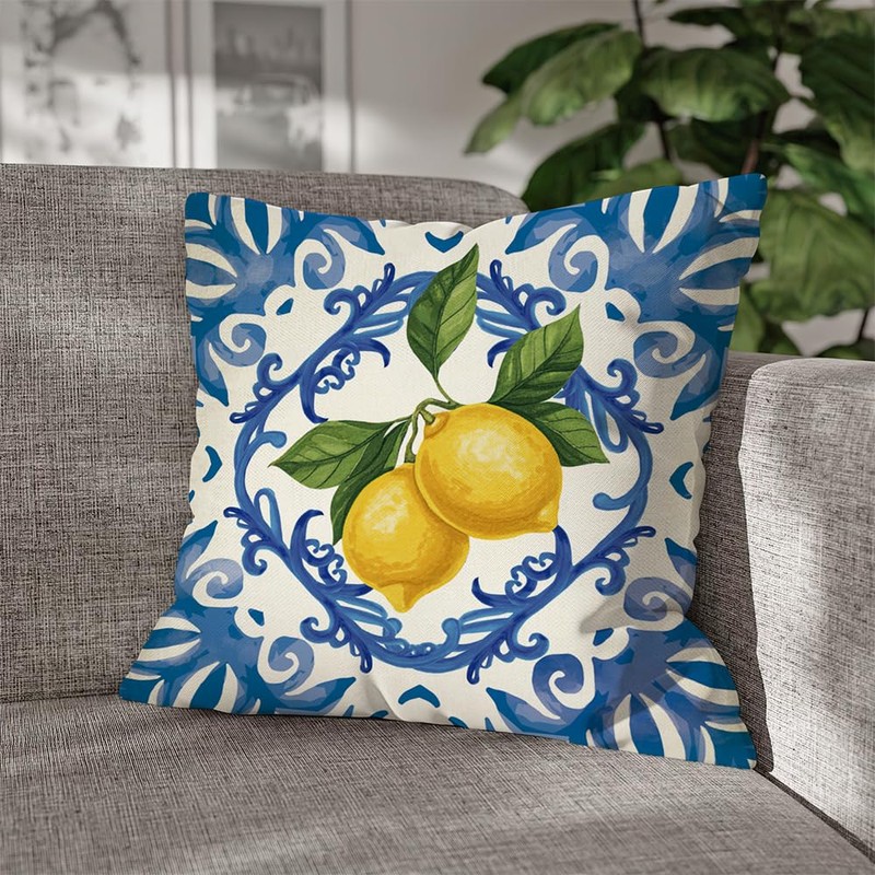 Fahrendom Blue Lemon Italy Tile Pattern Decorative Throw Pillow Covers