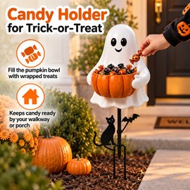 Halloween Ghost Pumpkin Stake Light for Yard – 2D Outdoor Candy Holder Decoration for Lawn, Garden & Trick-or-Treat