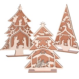 Thyle 3 Pcs Standing Nativity Scene Christmas Tree Set, Wooden Christmas Tree Statue Table Sign for Xmas Winter Home Tabletop Centerpiece Fireplace Holiday Decor Religious Gifts