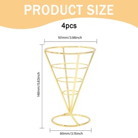 CHGCRAFT 4 Pcs French Fries Stand Cone Basket Fry Holder Iron Cone Holders Reusable Snack Basket for Home Party Kitchen Restaurant Cafe Table Serving, Gold, 148×101×132mm