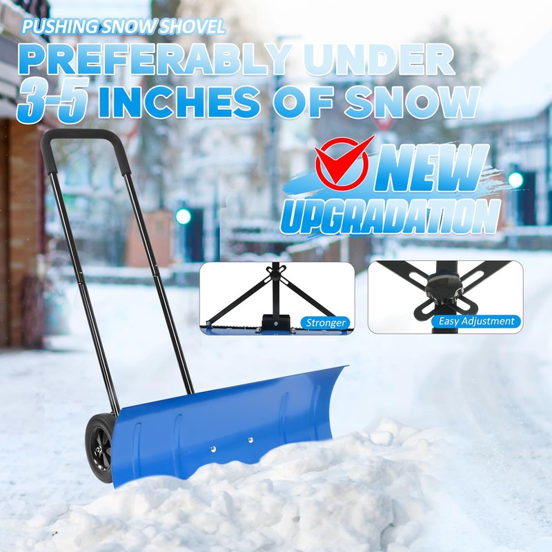 WYDHven Snow Shovel Pusher, 29.13-inch Metal Snow Pusher with Wheels