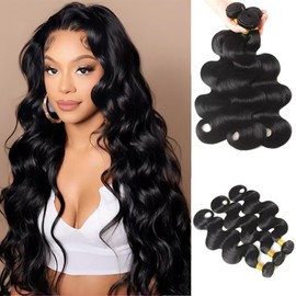 Body Wave Bundles Human Hair 100% Unprocessed Brazilian Human Hair Bundles 3 Bundles Weave Bundles Hair Total 300g Natural Black Color 16 18 20 Inch.