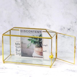 DUFFOBAN Glass Card Box, Geometric House Shape Wedding Card Box, for Weddings, Cosmetic Home Decor, Graduation Ceremony, Brass Frame with Hinged Lid and Key Lock