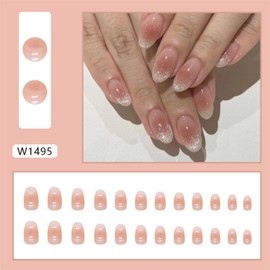 Almond Press on Nails Medium Nude Pink Fake Nails Glitter Full Cover False Nails Acrylic Nails Glossy Glue on Nails Stick on Nails for Women and Girls