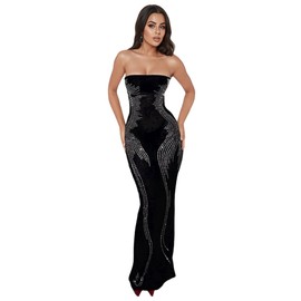 ZGMYC Women's Sparkle Rhinestone Strapless Maxi Dress Sexy Side Split Tube Top Dress Long Bodycon Cocktail Party Dress Black