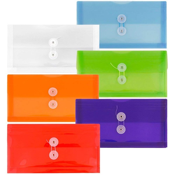 JAM PAPER Plastic Envelopes with Button & String Tie Closure - #10 Business Booklet - 5 1/4 x 10 - Assorted Colors - 6/pack