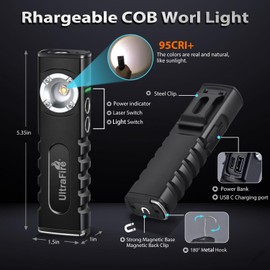 ULTRAFIRE Rechargeable LED Work Light 350 Lumens Portable Magnetic Flat EDC Flashlights with Red Beam,3 Mode Pocket Small Lights with Clip for Working,Car Repairing,Camping,Emergency