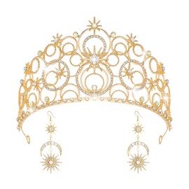 JITINX Crystal Crowns for Women, Crystal Bubble TiaraBride Royal Queen Headband Princess Headpieces for Women Bridal Wedding Prom Birthday Party Crowns (Gold Crown with Earrings)