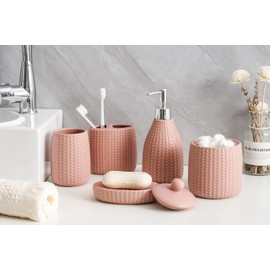SURUI Luxury Bathroom Sink Set - 5-Piece Soap Dispenser & Toothbrush Holder Set with Cotton Swab Dispenser, Tooth Glass, Soap Dish - Ceramic Bath Accessories Set （Pink） ﻿