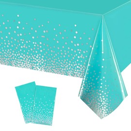 2Pc 137*274cm Blue and Silver Disposable Table Cloths Party,Large Dot Confetti Rectangular Freezer Party Table Cloth Plastic Green Tablecover for Picnic,Birthday,Wedding,Xmas,Freezer Party Decorations