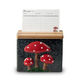 dgudgu Mushroom Recipe Box With Cards And Dividers - Ceramic Recipe Card Box - Cute Black Recipe Box Set With Bamboo Lid