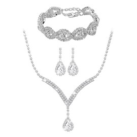 TTPSRY Set of 3 Jewellery Set Necklace Earrings Bracelets with Zirconia Silver Chain with Pendant Women's Jewellery Set Bridal Jewellery High Quality Gift for Girls Women, Copper, No Gemstone