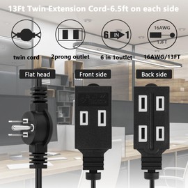 Twin Extension Cord Power Strip 13Ft, Double Extension Cord Splitter for Indoor Use-13 Feet Cord-6.5 Feet on Each Side - Flat Head (Wall Hugger) Outlet Plug - 6 Polarized Outlets with Safety Cover