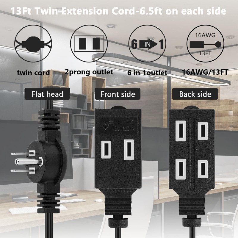 Twin Extension Cord Power Strip 13Ft, Double Extension Cord Splitter