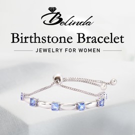 Belinda Jewelz - Birthstone Bolo Bracelet With 6 Square-Cut Stones, 925 Sterling Silver for Women, Stackable Tanzanite Bracelet With Bolo Closure, 11"