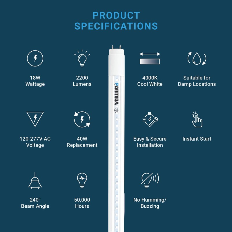 PARMIDA 20-Pack LED T8 Hybrid Type A+B Light Tube, 4FT,