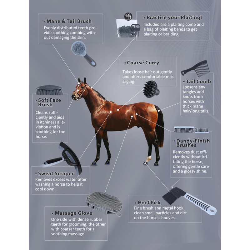 Harrison Howard Horse Grooming Kit 9-Piece Equine Care Series Horse
