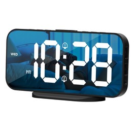 ALANAS Digital Alarm Clock with Dual Alarms, Mirror LED Bedroom Alarm Clocks for Kids, Adjustable Brightness, Snooze, 2 USB Ports for Cellphone Charging, 12/24 Hour Display.