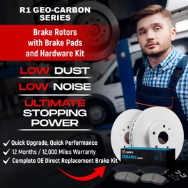 R1 Concepts Front Brakes and Rotors Kit |Front Brake Pads| Brake Rotors and Pads| Ceramic Brake Pads and Rotors |Hardware Kit|fits 2003-2013 Hyundai Sonata, Tiburon, Tucson; Kia Optima, Soul, Sportage