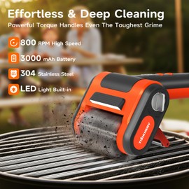Electric Grill Brush for Outdoor Grill, 800 RPM Brush Head, 3000mAh Battery, No Preheating Grill, 304 Stainless Steel Bristle, Rechargeable Cordless BBQ Grill Cleaner with LED Light, Gift for Men/Dad