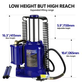 20 Ton Hydraulic Bottle Jack, 40,000LBS Pneumatic All Welded Bottle Jack, 10.4-16.3 inch Lifting Range,Manual Hand Pump & 2-Section Long Handle, for Car, Pickup Truck, Truck, RV, Auto Repair,Blue