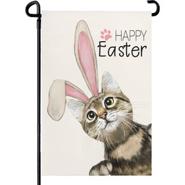 Cryfox Happy Easter Garden Flag 12x18 Inch Double Sided Cat with Bunny Ears Garden Flags Spring Holiday Yard Flag for Outside Burlap Farmhouse for Garden Home Decoration