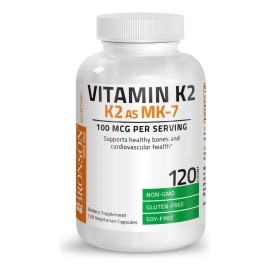 Vitamina K2 Mk7 Bronson Frasco con 120 Capsulas Sin Sabor para Huesos fuertes y corazn saludable la vitamina K2D3 no solo promueve la absorcin...     