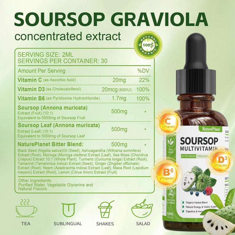 NaturePlanet Graviola Soursop Bitters Liquid Drops, 5000mg Soursop Fruit &