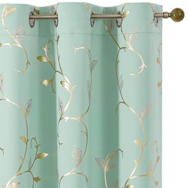 BUHUA Blackout Curtains Gold Foil Print Flower Vine Grommet Drapes, Room Darkening Thermal Insulated Curtains, Noise Reducing Blackout Curtain for Bedroom, Aqua, 38Wx63L, 2 Panels