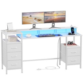 Korfile White Computer Desk with Power Outlets & LED Lights, Reversible Gaming Desk with 5 Fabric Storage Drawers for Working, 55" Home Office Desk with Monitor Stand Shelves, Vanity Table for Bedroom