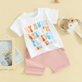 Toddler Summer Outfits Auntie's Bestie Short Sleeve Funny T-Shirts Tops Shorts 2Pcs Set Neutral Baby Clothes (Pink, 18-24 Months)