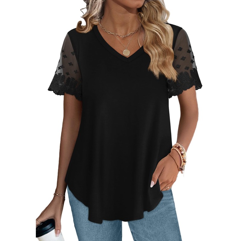 OFEEFAN Lace Tops for Women Trendy 2024 Spring Short Sleeve