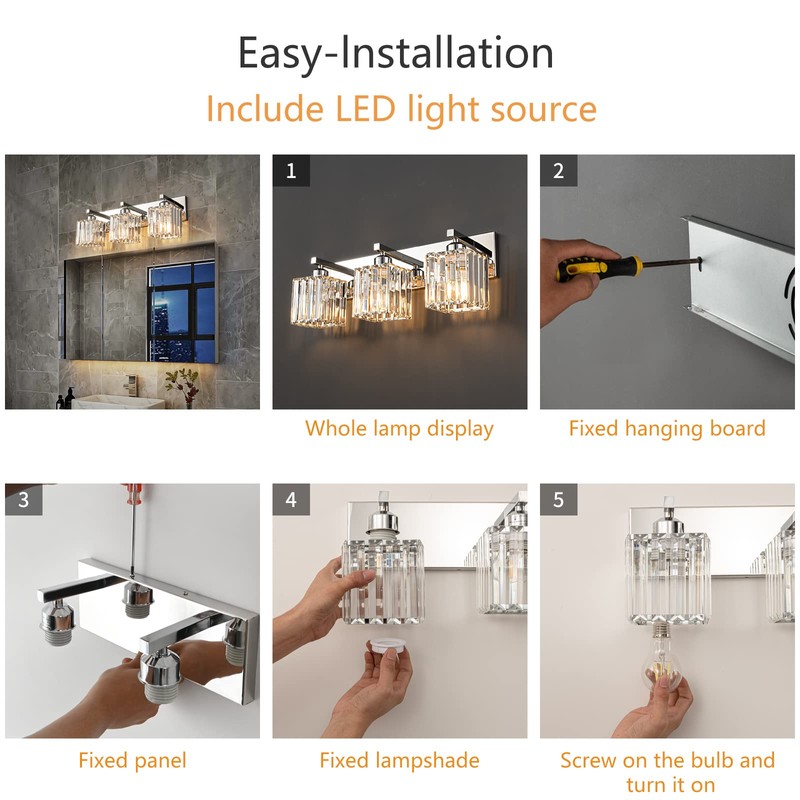 FDPBY Modern Bathroom Vanity Light 3-Lights Chrome Crystal Bathroom Wall