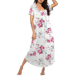 Ekouaer Long Nightgowns for Women Soft House Dress Pleated Front Nightshirt Full Length Loungwear Charming Rose XXXL