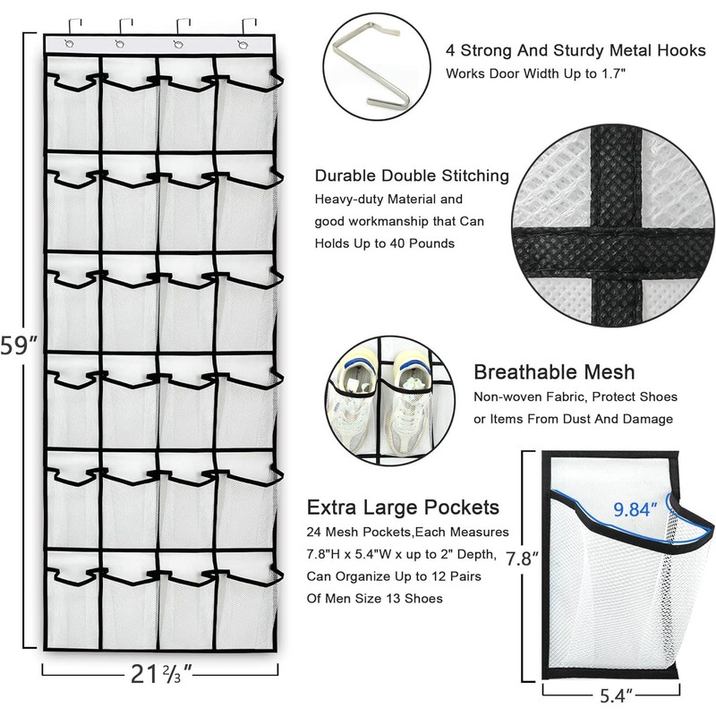 Janifaca Minimalist Over the Door Shoe Organiser, 24 Mesh Pockets,