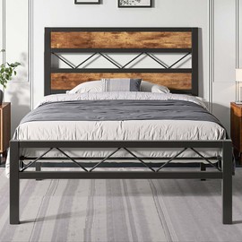 VECELO Twin Bed Frame Metal Platform with Wooden Headboard, Heavy-Duty Metal Slats Support, No Box Spring Needed, Non-Slip, Noise Free, Easy Assembly, Rustic Brown