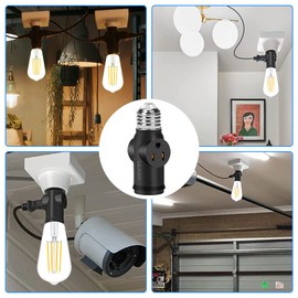 3 Prong Light Socket to Plug Adapter,E26 Outdoor Light with Outlet,E27 Light Bulb to 2/3 Prong Outlet Plug Splitter Converter for Garage Porch CCTV Camera (1, Black)